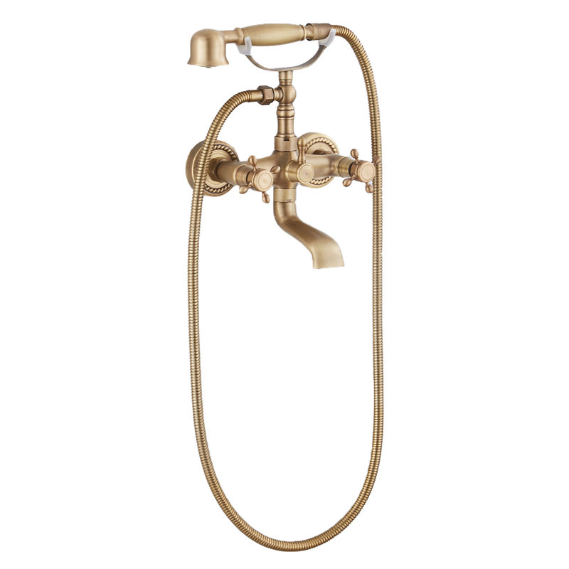 9777-ATI Clawfoot Bathtub Faucet Wall Mount Hand Held Shower Faucet Set Double Cross Handle Tub Faucet, Antique Brass