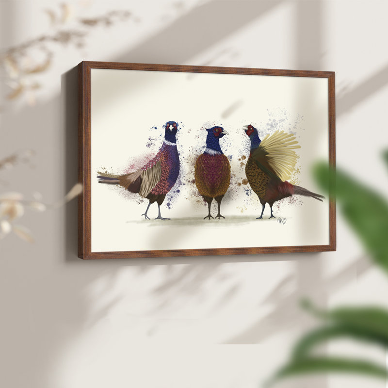 Trio de faisans - reproduction encadrée - réarmable, H 16 po x l 20 po, Noyer