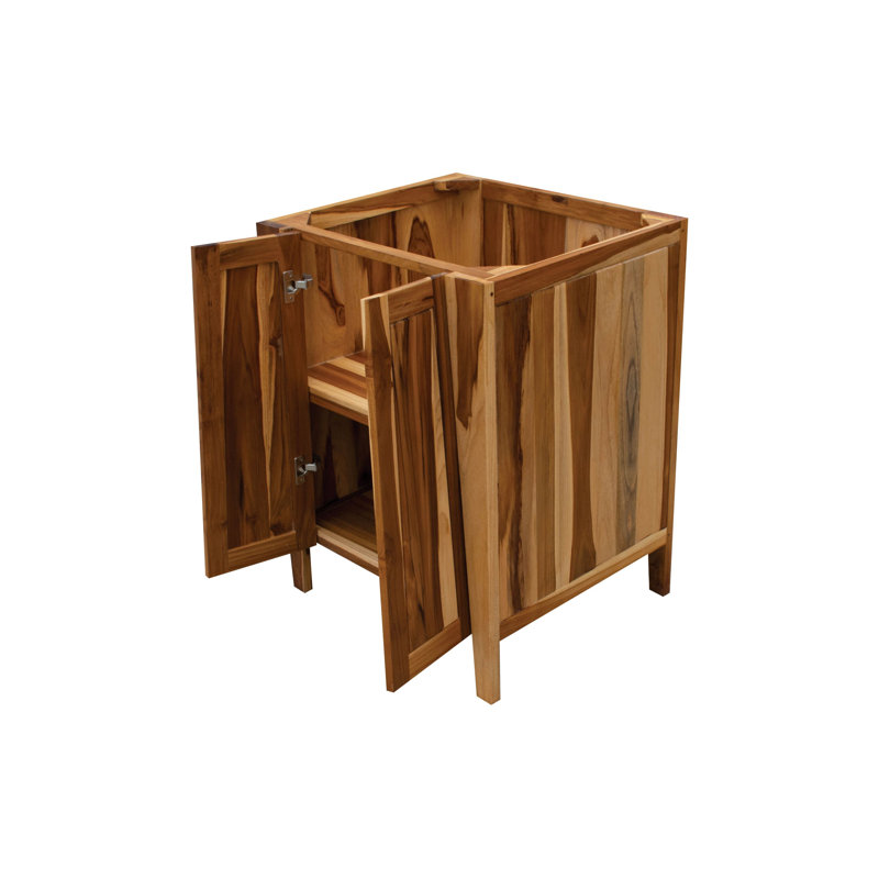 Le meuble-lavabo EcoDecors de l 42 po comprend un comptoir de salle de bain en teck de 24 po sans comptoir, un meuble-lavabo de salle de bain et un meuble-lavabo autoportant de 18 po avec porte et plateau en bois massif EcoDecors Signifiacado®, d'une largeur totale de 42 po, en EarthyTeak