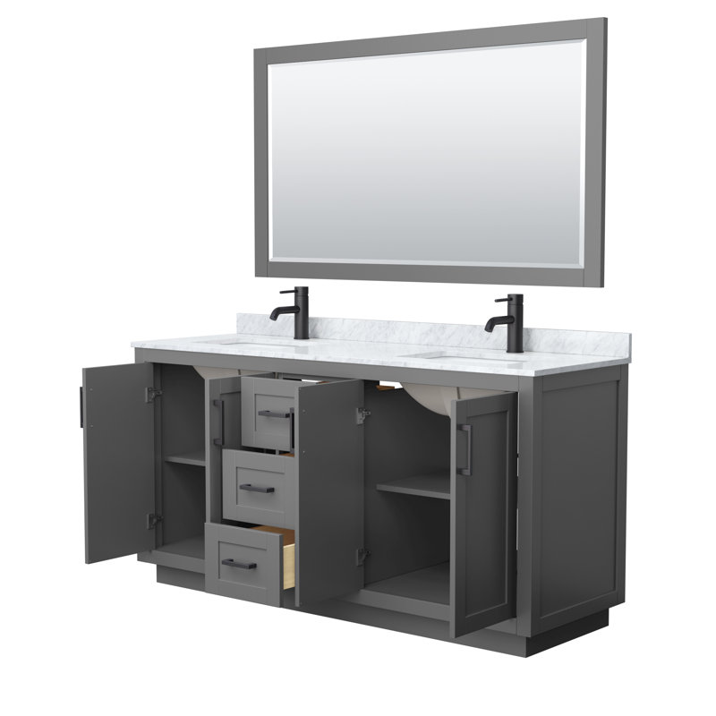 Ensemble de meuble-lavabo double autoportant 66 po avec plateau en marbre Miranda, Gris foncé, Noir mat