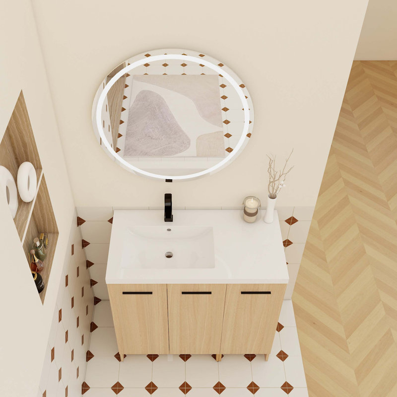 Meuble-lavabo autoportant modulaire de 36 po avec comptoir intégré en résine, deux pièces d'armoire flexibles, assemblage démontable et deux poignées.