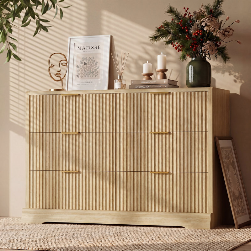 Fluted 6-Drawer Dresser with Solid Wood Base, Beige
