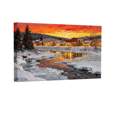 Ensemble de 3 reproductions d'art sur toile, "Christmas Winter Sunset River River Snowscape"