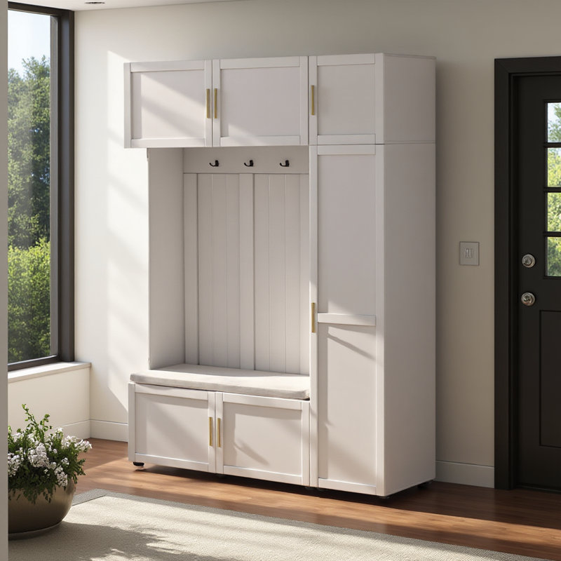 American Style 4-in-1 Hall Tree With Padded Bench, 4 Hooks, And Multi-tier Storage Shelves