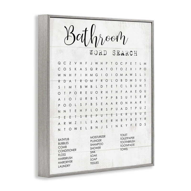 Salle de bain, recherche de mots amusante, conception de mots familiaux gris, rustique, estampe numérique encadrée, art texturé par Daphne Polselli