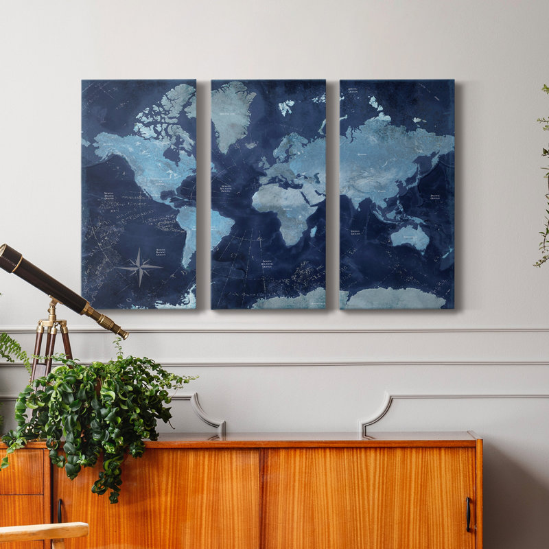 Carte du monde - 3 pièces, impression sur toile tendue, H 18 po x l 36 po x P 1 po