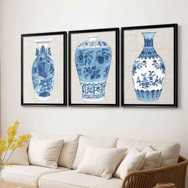Vase en lin Ming I - Toile tendue avec châssis sur mesure - 3 pièces, H 27 po x l 39 po, Noir