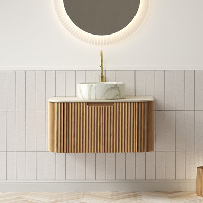 30" Bathroom Vanity&Sink, Floating Curved Edges Striped Cabinet with Drawer, Round Ceramic Basin with Stone Pattern&Travertine-Pattern Sintered Stone Top, Pre-assembled, Natural Woodgrain Color