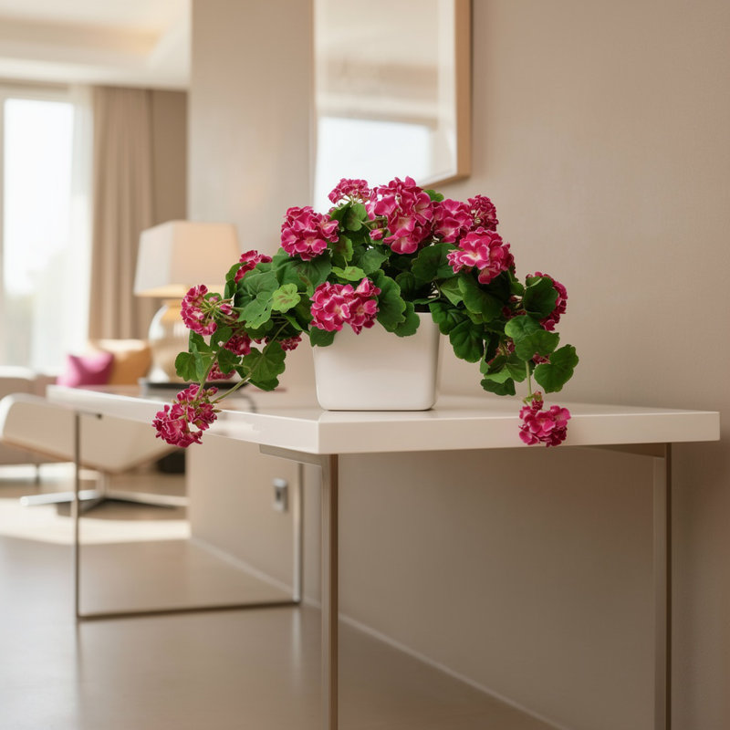 Ensemble de géraniums dans un vase en céramique