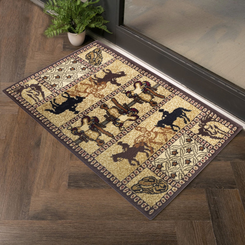 0.39×87.00×31.00 Inch Runner Rug, Stain Resistant & Pet Friendly, Polypropylene Jute Backing Western Cowboy Horse Pattern Rug For Entryway Kitchen