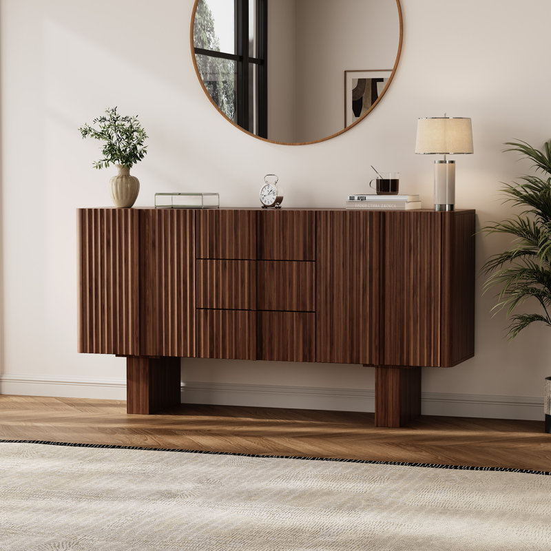 63'' Wood Fluted Sideboard Buffet Cabinet With Curved Edge and 3 Drawers, Walnut