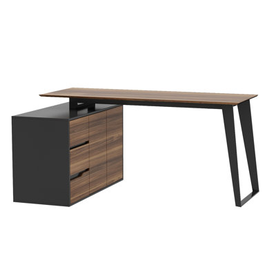 Bureau contemporain en forme de L avec armoire de rangement et grand espace de travail - bois naturel et finition noir / blanc