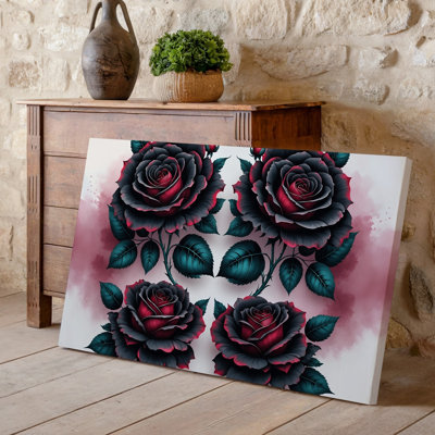 Toile, "Un arrangement vertical saisissant de trois roses minutieusement détaillées", art mural mettant en vedette des nuances profondes de noir