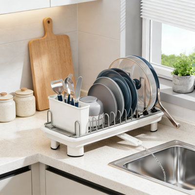 Compact Stainless Steel Dish Drying Rack With Removable Utensil Holder, Drainage Spout & Anti-Scratch Base For Space-Saving Kitchen Counter