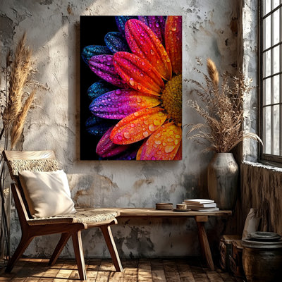 Rainbow Daisy Flower Petals Water Droplets Black Background Canvas Wall Art Print, Decorative Contemporary Floral Botanical Artwork for Living Room Bedroom Office Hallway Apartment Gallery Wall Home Decor