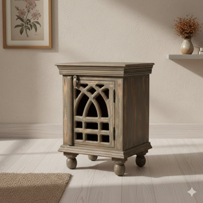 A nightstand finished in antique grey wood.