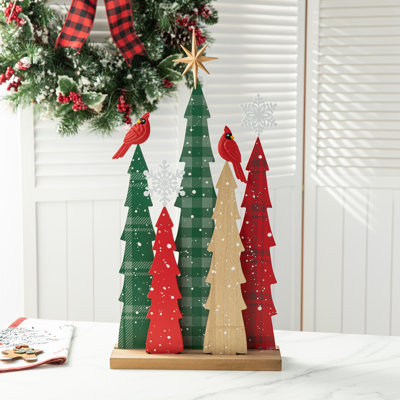 23.5'' H Iron and Wood Scattered Tree Silhouette with Cardinal Snowflake and Star 