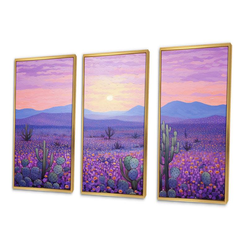 Cactus lavande paysage I - ensemble d'art mural floral cactus, Cadre flottant doré, H 28 po x l 36 po x P 1 po