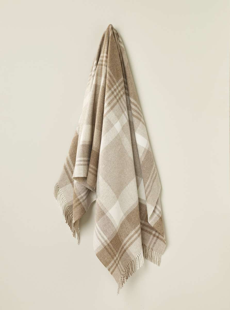 Merino Lambswool Throw/Blankets Hand Woven Blanket, Beige Geometric
