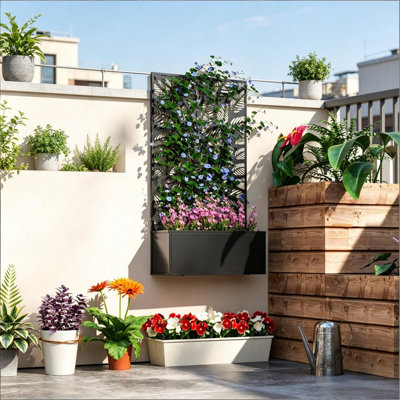 Lit de jardin surélevé mural en métal avec treillis d'intimité, jardinière autoportante pour balcon et patio, L 24 po x H 44,5 po