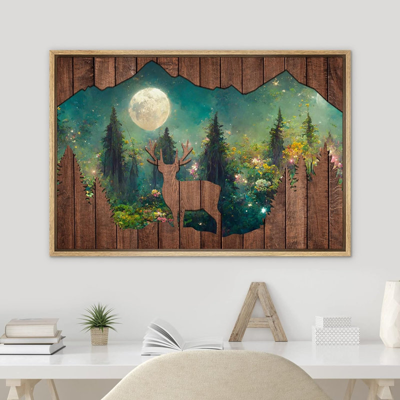 Western Wood Effect Landscape " Wood Effect Panel Deer Moonlight Forest Landscape Nature Artwork Farmhouse/Country Decor "