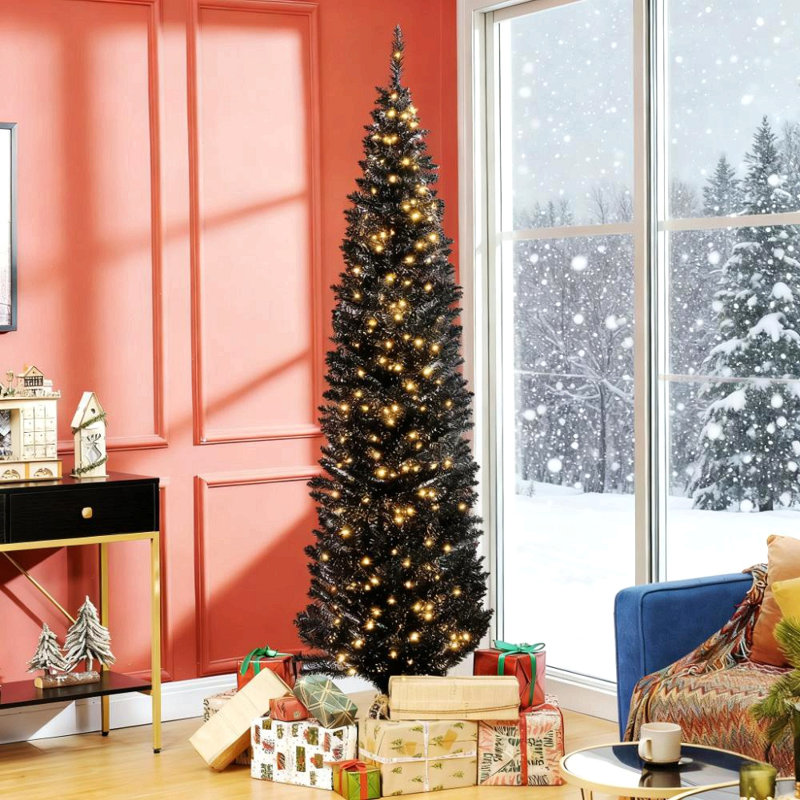 Crayon arbre de Noël noir, Noir, H 7 pi, Illuminée