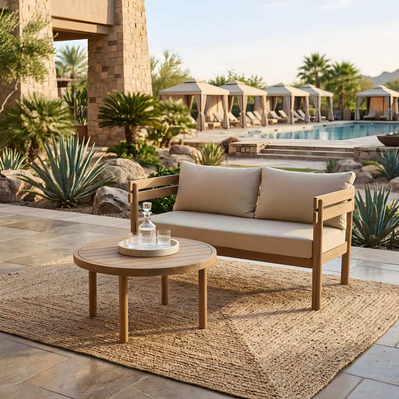 Ensemble de causeuse d'extérieur en bois d'acacia avec coussins hydrofuges et table ronde pour patio