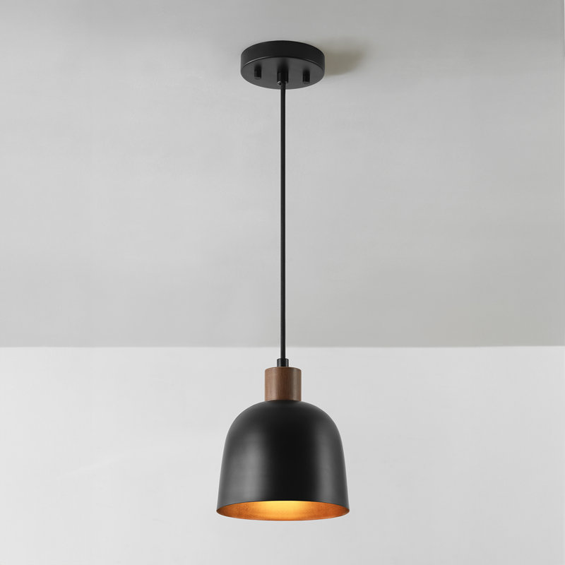 1-Light Matte Black Pendant Lighting with Wood-Toned Accent on Socket