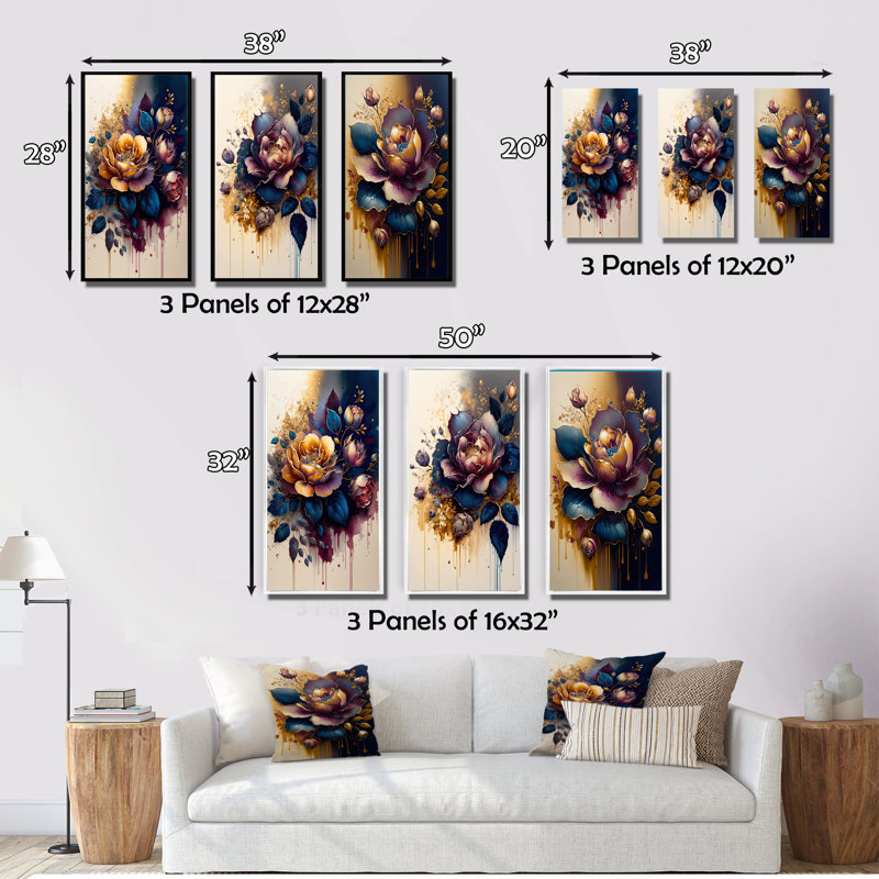 «Night Shade Rose Design», ensemble de 3 pièces d'art floral et botanique, Or, H 28 po x l 36 po