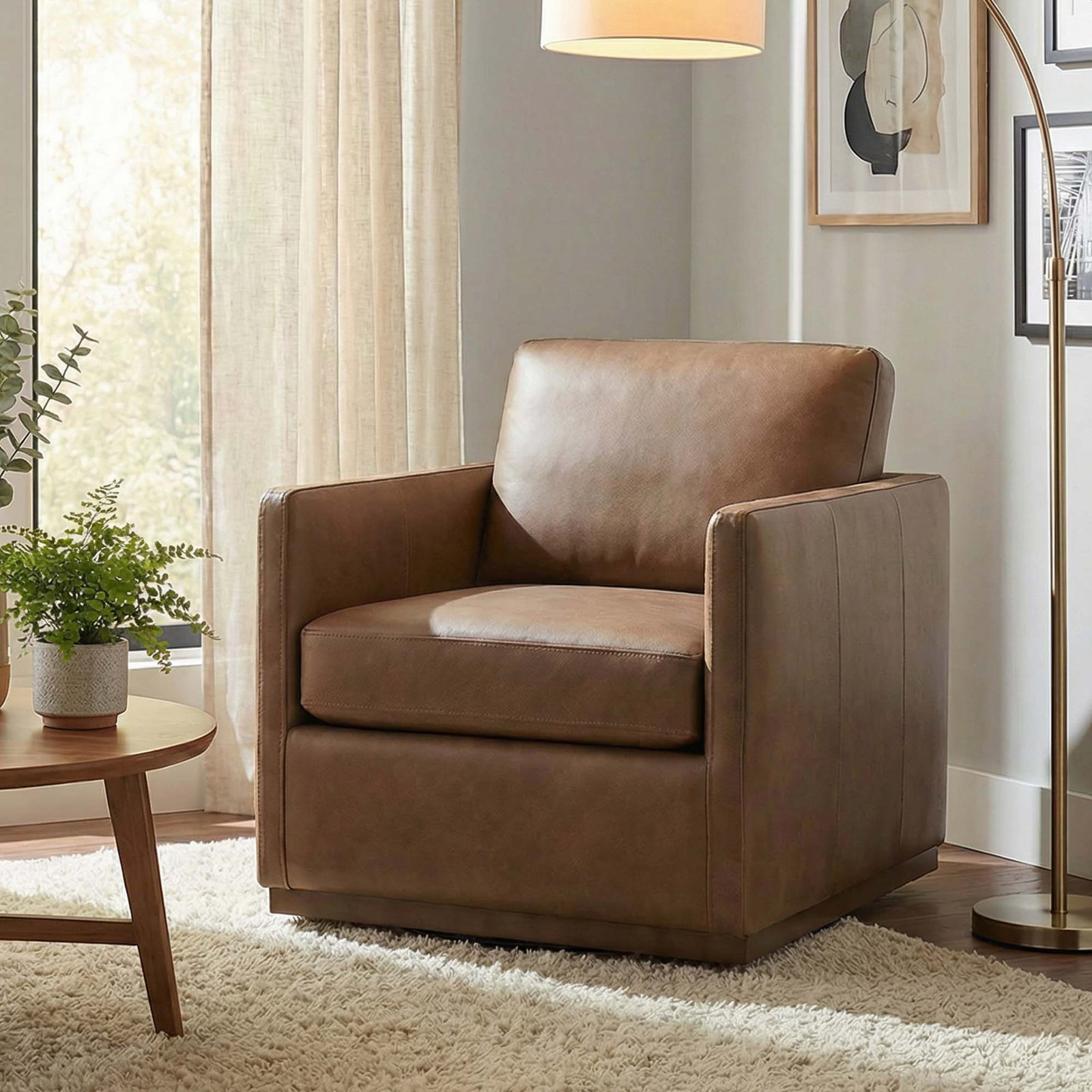 Bobbi Genuine Leather Swivel Chair, Marseille Camel Genuine Leather