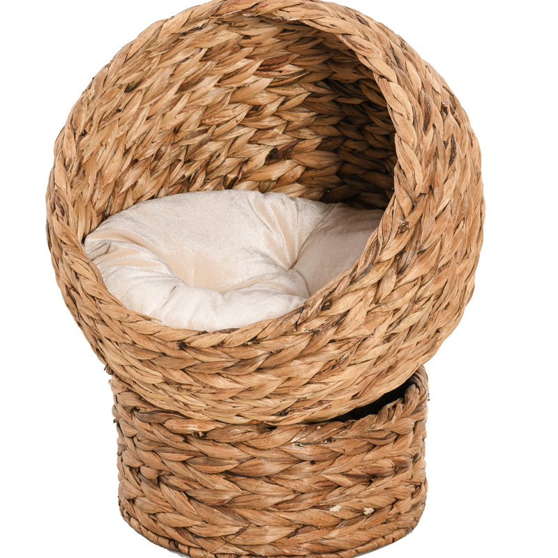 Lit pour chat surélevé fait à la main, coussin moelleux et panier rotatif, espace gai félin d'intérieur, H 24 po, lit brun avec housse de literie douillette, aire de tournage pour animaux de compagnie rotative, 23,5 po
