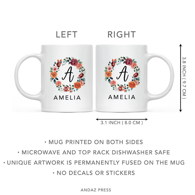 Custom Monogram Initial Coffee Mug Gifyt Letters A-Z, Floral Wreath Custom 11Oz Ceramic Coffee Mug,  1-Pk, Yes