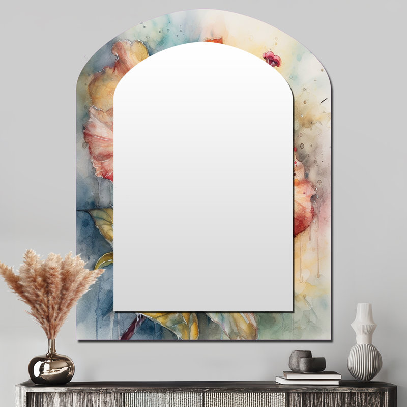 Orange Grey Hibiscus Euphoria II - Hibiscus Asymmetrical Mirror, Orange Arch Decorative Wall Mirror, Printed Metal Art