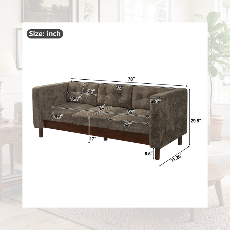 Canapé capitonné 3 places de 198 cm (78 po) avec coussins à ressorts ensachés, style moderne du milieu du siècle, accoudoirs carrés, idéal pour appartement, supporte jusqu'à 408 kg (900 lb).