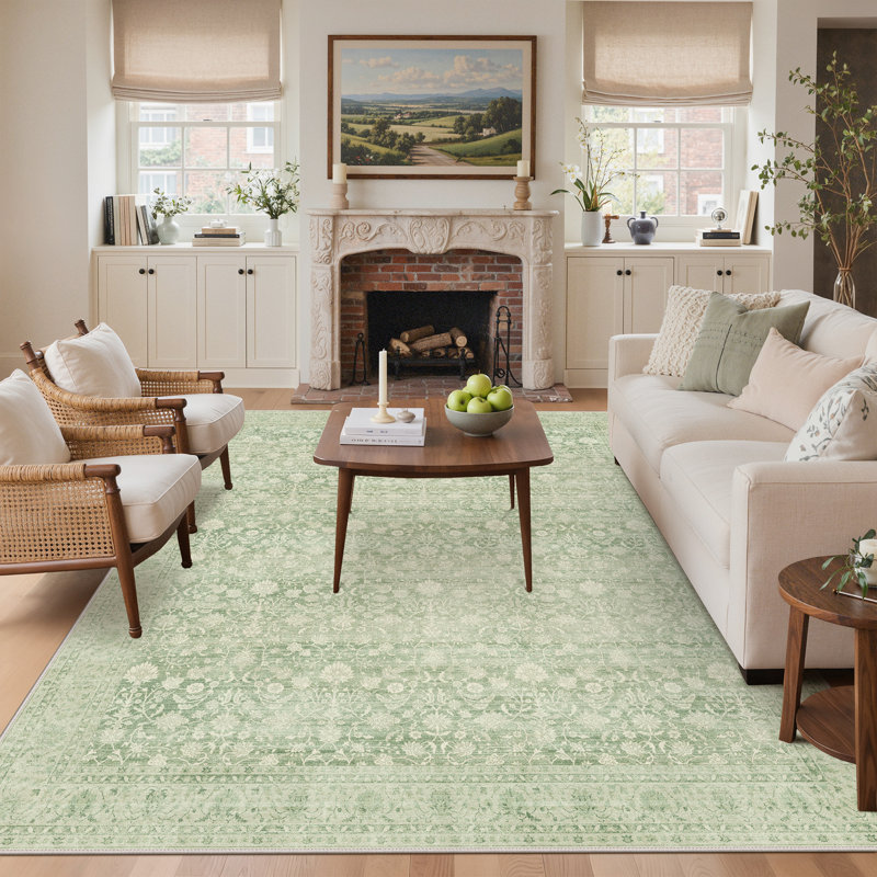 Oriental Vintage Machine Washable Non-Slip Green / Beige Indoor Area Rug, Green, Rectangle 8' x 10'