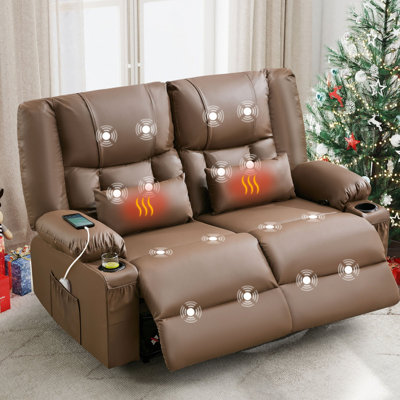 Causeuse inclinable avec massage et chauffage pour le salon, fauteuil inclinable manuel surdimensionné avec porte-gobelets, poche latérale pour adulte, BRUN