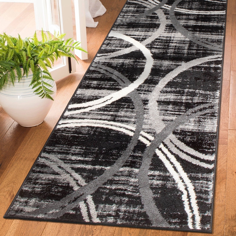 Tapis à motif géométrique Arnaldur, Tapis de couloir 2 pi x 10 pi, Black