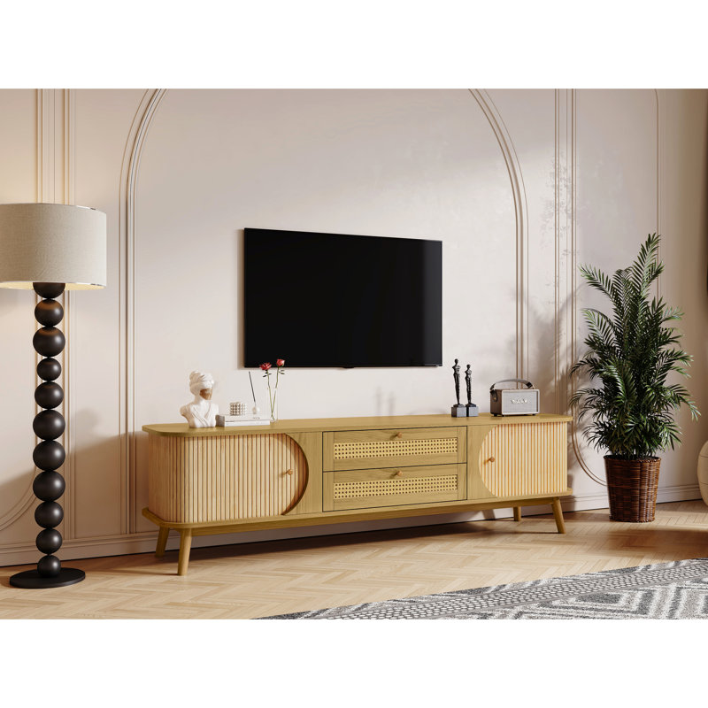 Meuble télé pour téléviseurs de 75 pouces : pieds en bois massif, support de rangement fonctionnel, espace polyvalent