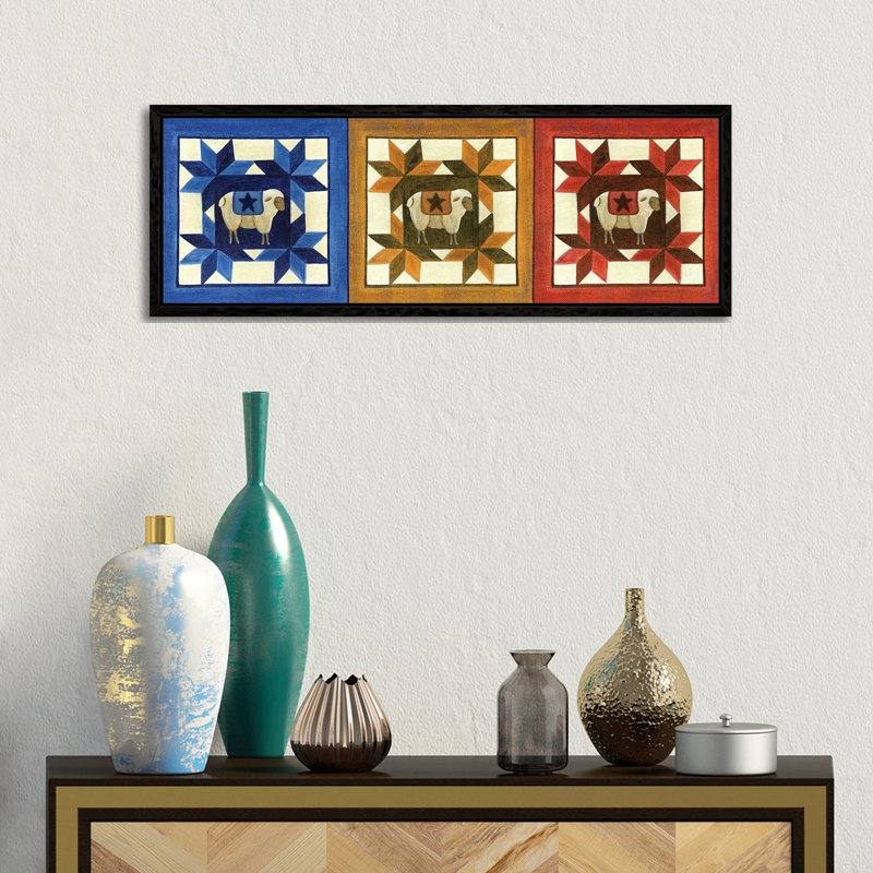 Primitive Sheep Quilt Star by Cheryl Bartley - Panoramic Painting on Canvas, Black Framed, 30.48cm H x 91.44cm W x 3.81cm D