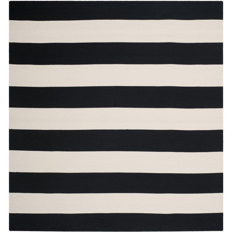 Brookvale Striped Hand-Woven Cotton Area Rug in Black/Ivory, Square 8'