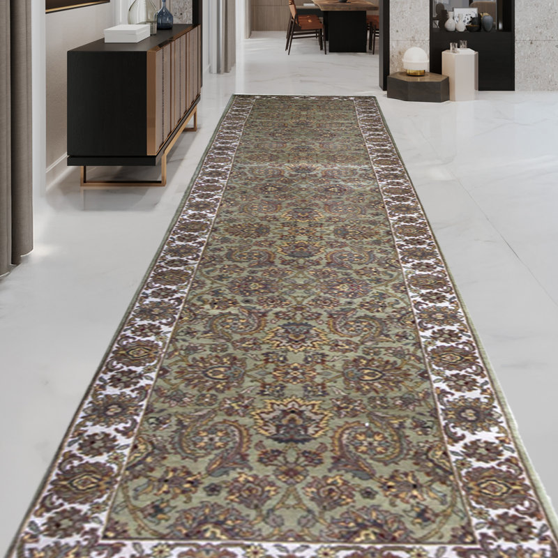 Tapis de couloir vert et ivoire de haute qualité noué à la main Trinity