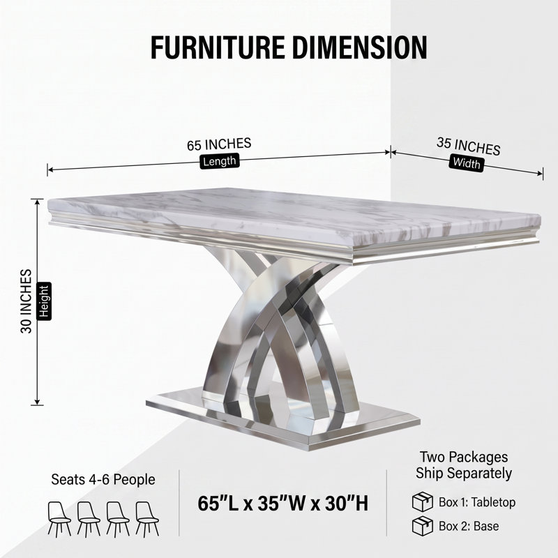 Table de salle à manger rectangulaire L 65 po x l 35 po Collina, Blanc / Gris / Argent