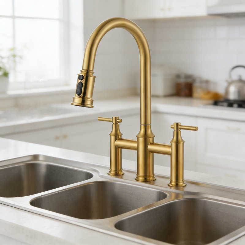 Bridge Kitchen Faucet, 3 Holes Kitchen Faucet With Pull Down Sprayer,2 Handles, 360° Swivel Spout, Brushed Gold