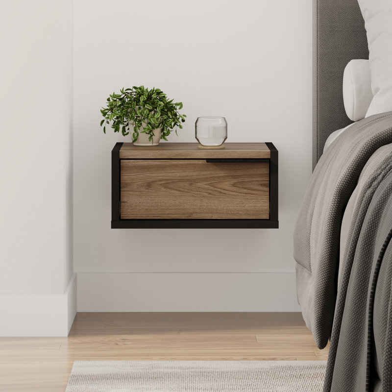 Eco Floating Bedside Table With Drawer And Metal Handle, Bedroom, Black Wood/Whiskey Oak