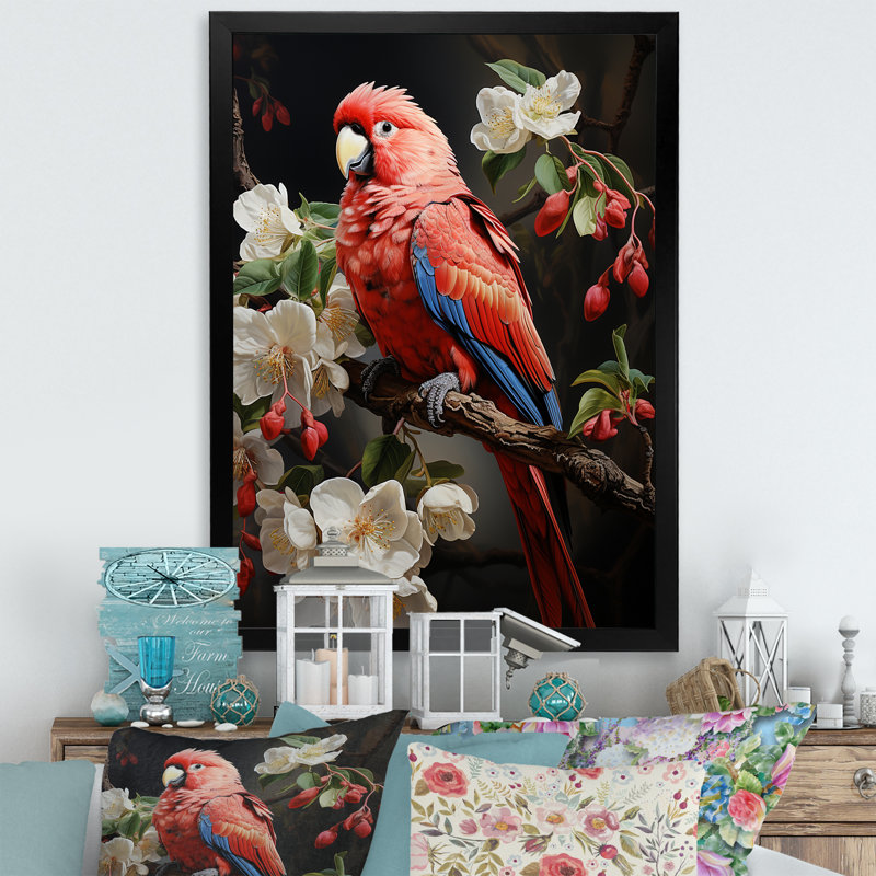 Perroquets rouges, éclat éclatant sur toile, Cadre photo noir simple, H 44 po x l 34 po x P 1,5 po