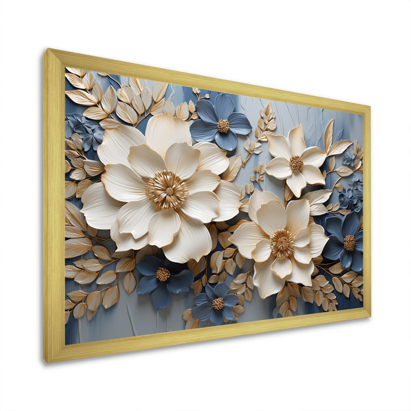 Composition de fleurs saisonnières beige et bleu - Fleurs saisonnières, H 16 po x l 32 po x P 1 po, Cadre doré simple