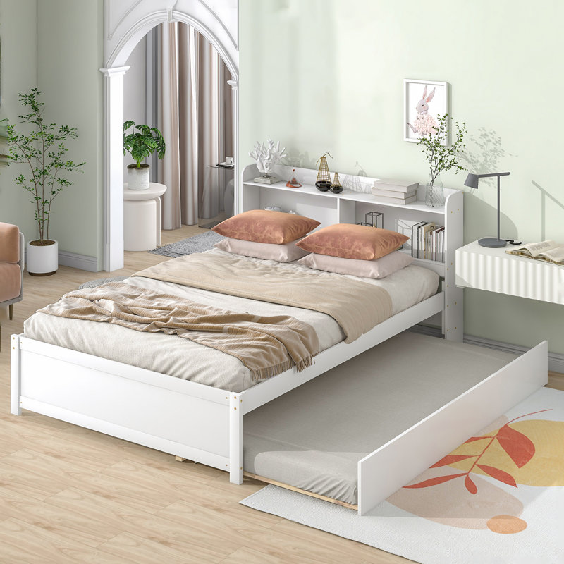 Teen Bed Platform Standard Bed With Bookcase And Twin Trundle, White, Full