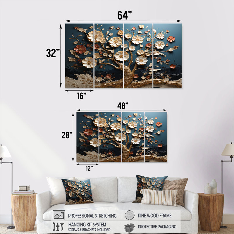 Orchidée blanche et bleue avec fleurs II - ensemble d'art mural 4 pièces, H 32 po x l 64 po