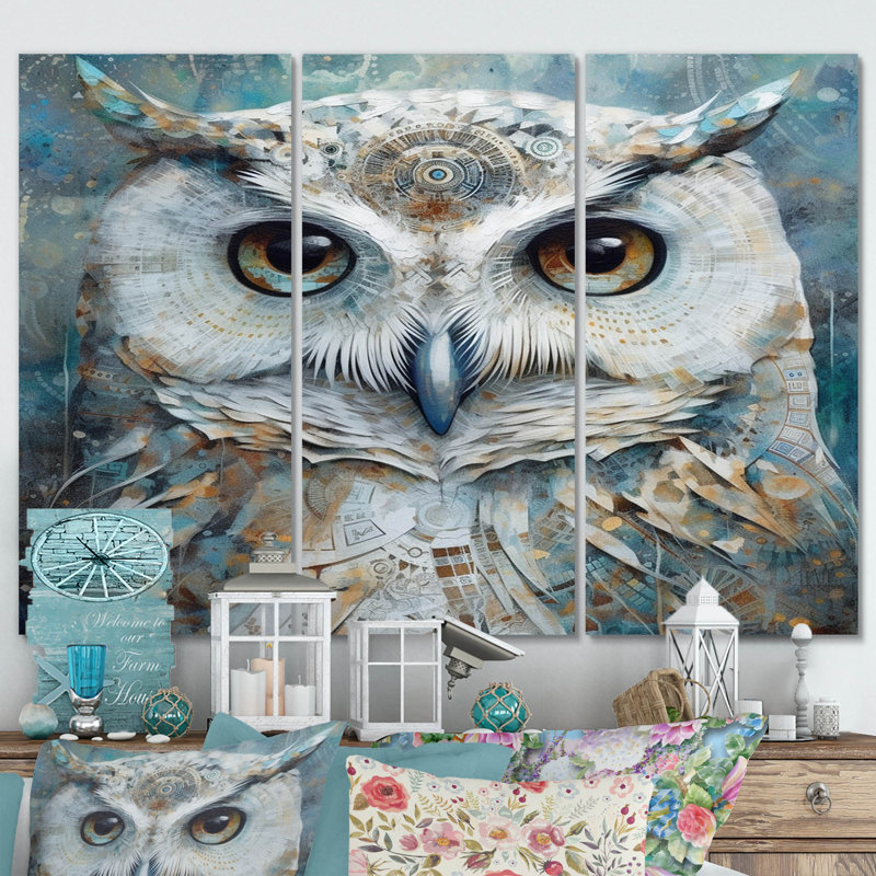 Portrait d'un hibou blanc tribal magique - ensemble de décorations murales animaux chouette, H 28 po x l 36 po x P 1 po