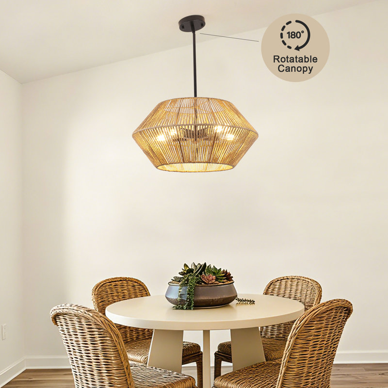 5 - Light Dimmable Boho Farmhouse Natural Woven Rattan Drum Chandelier Bohemian Light Fixture, Matte Black